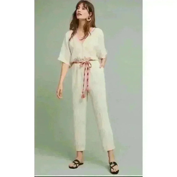 Anthropologie Feather Bone Soleil Belted Jumpsuit in Ivory Size SMALL - Picture 1 of 9